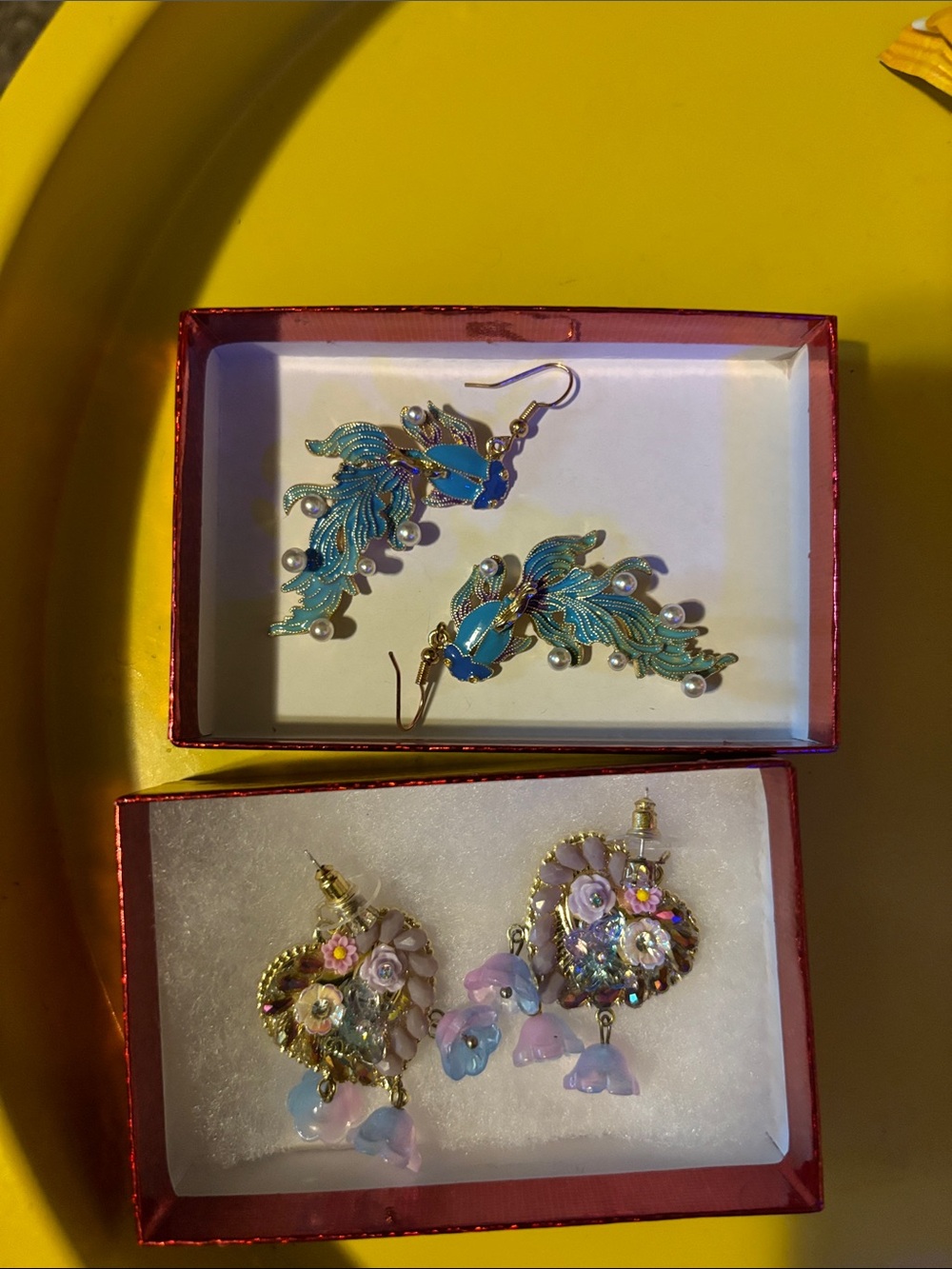 Blue Enamel Feather Drop Earrings with Pearl Accent